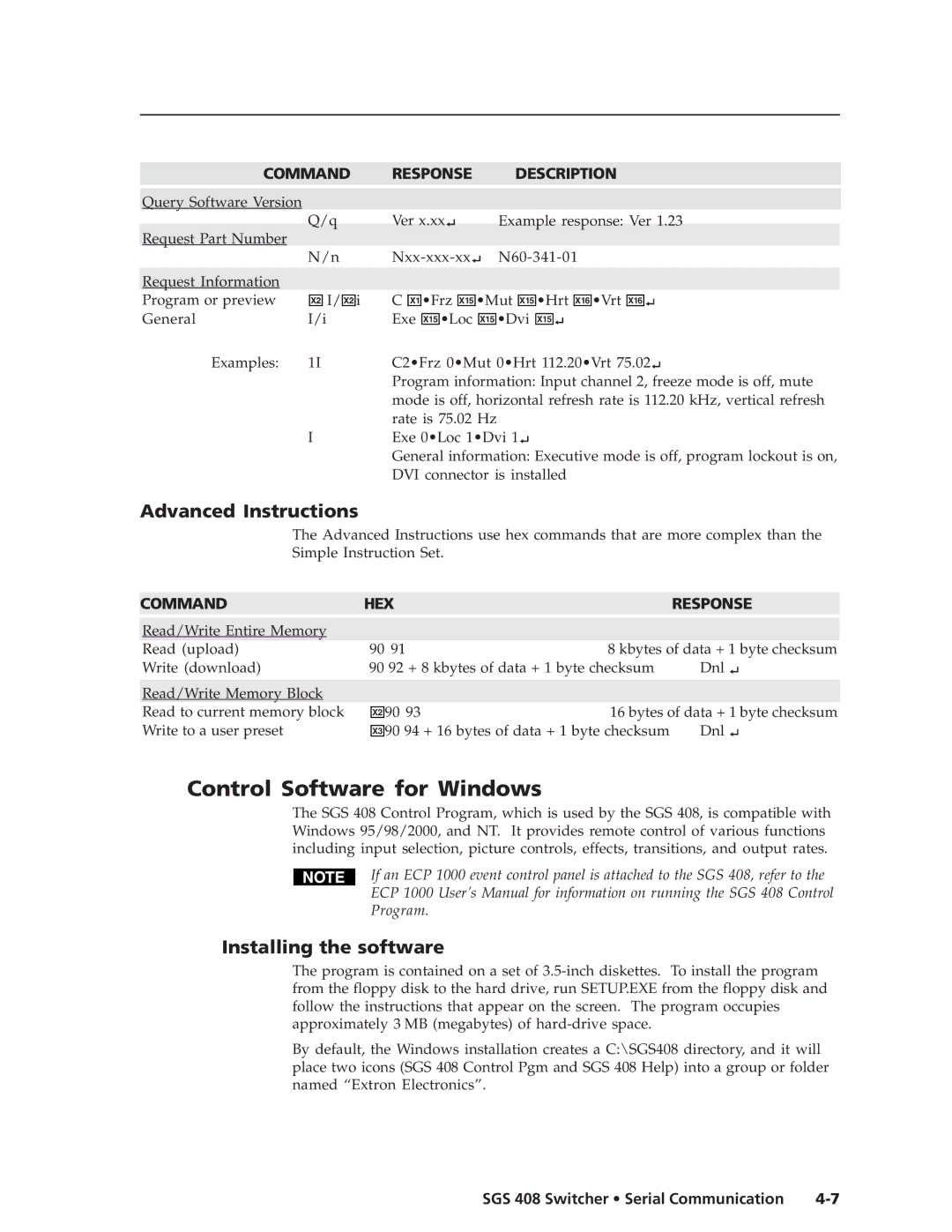 Extron electronic SGS 408 manual Control Software for Windows, Advanced Instructions, Installing the software 