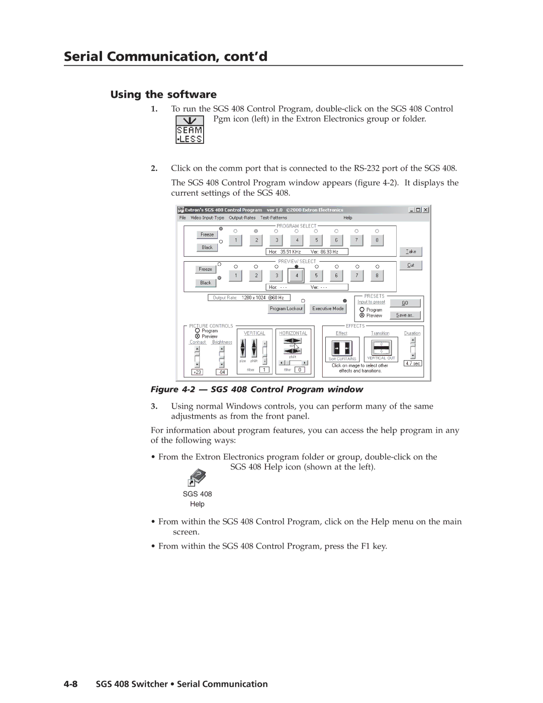 Extron electronic manual Using the software, SGS 408 Control Program window 