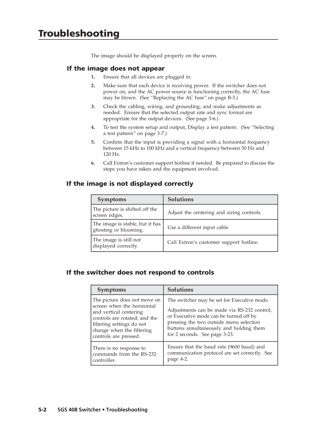 Extron electronic SGS 408 manual Troubleshootingubleshooting, cont’d, If the image does not appear 