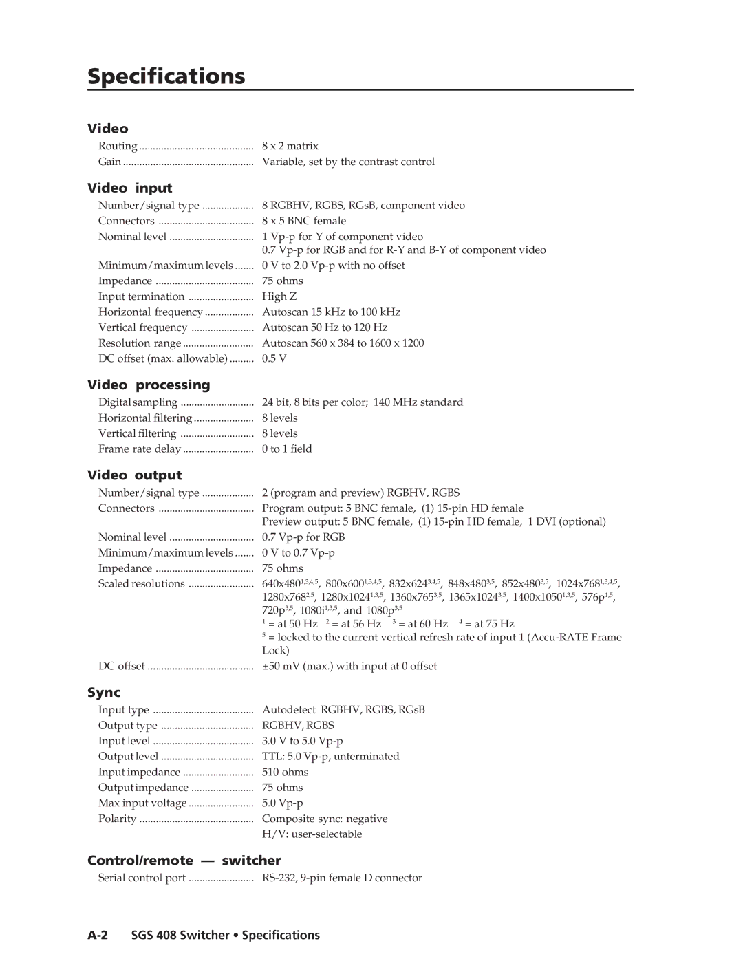 Extron electronic manual Specificationsecifications, cont’d, SGS 408 Switcher Specifications 