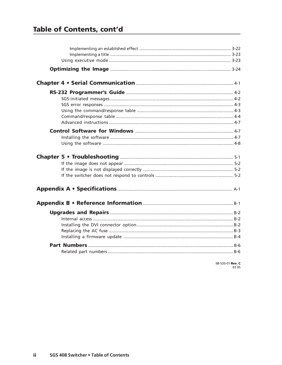 Extron electronic SGS 408 manual Table of Contents, cont’d 