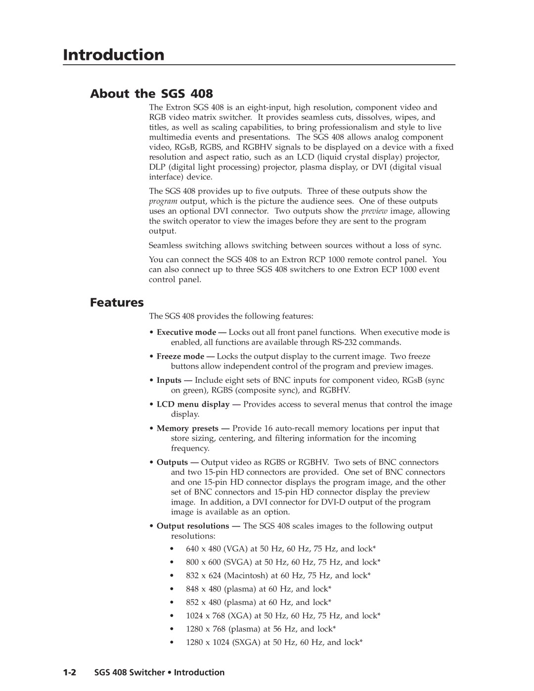 Extron electronic manual Introductiontroduction, cont’d, About the SGS, Features, SGS 408 Switcher Introduction 