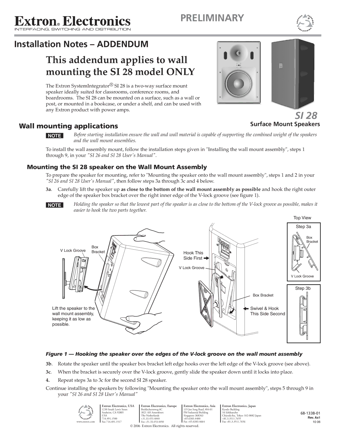 Extron electronic SI 26 user manual Preliminary, This addendum applies to wall mounting the SI 28 model only 