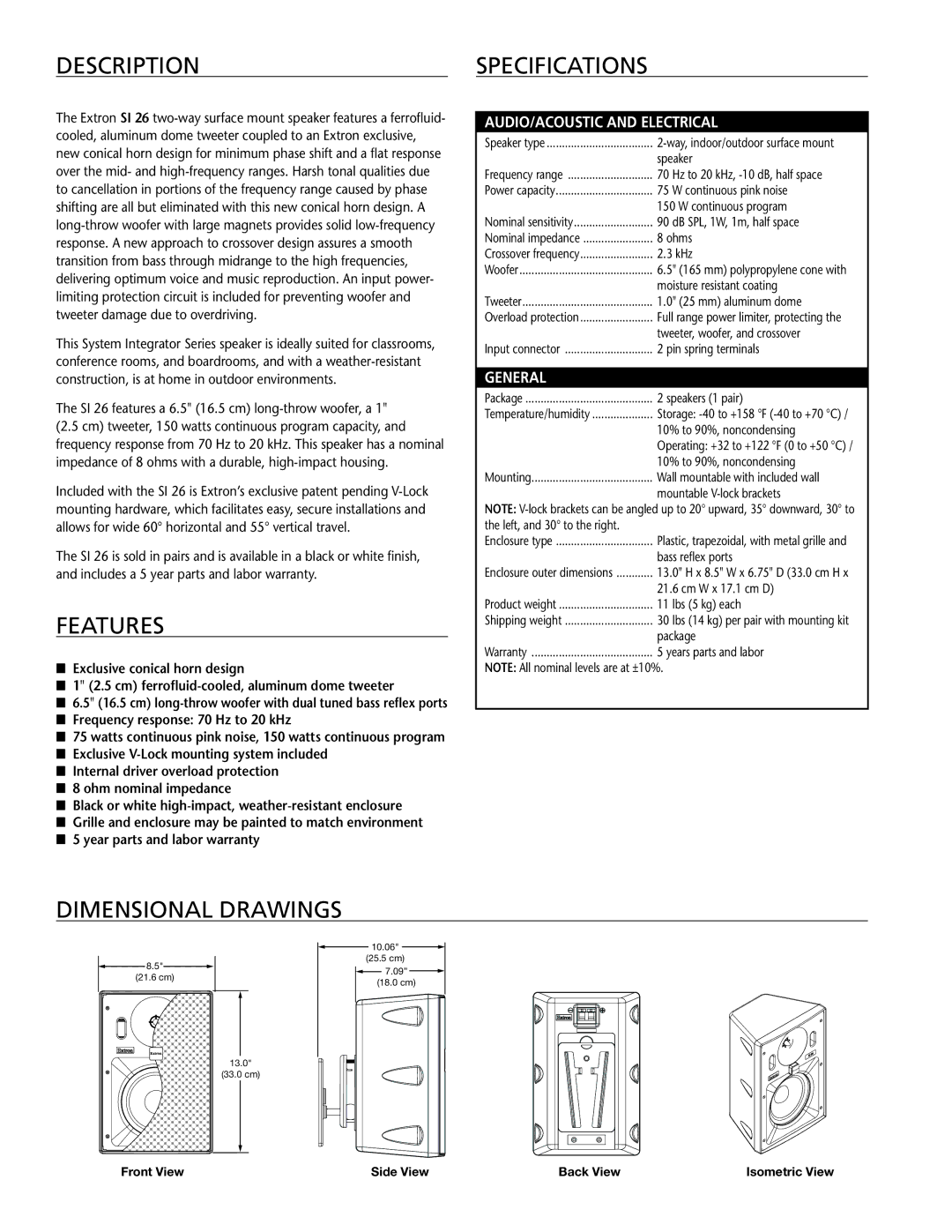 Extron electronic SI 26 warranty Descriptionspecifications, Features, Dimensional drawings 