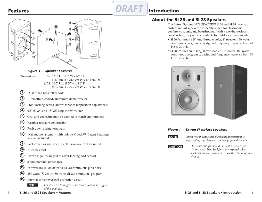 Extron electronic user manual Features, Introduction, About the SI 26 and SI 28 Speakers 