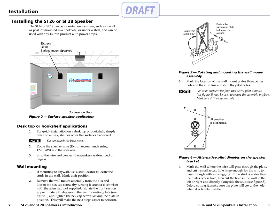 Extron electronic user manual Installation, Installing the SI 26 or SI 28 Speaker, Desk top or bookshelf applications 