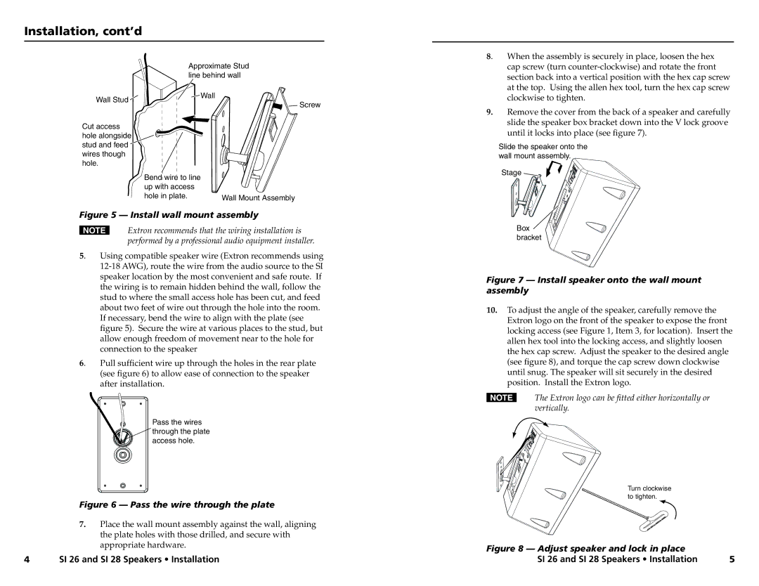 Extron electronic SI 26 user manual Installation, cont’d, Install wall mount assembly 