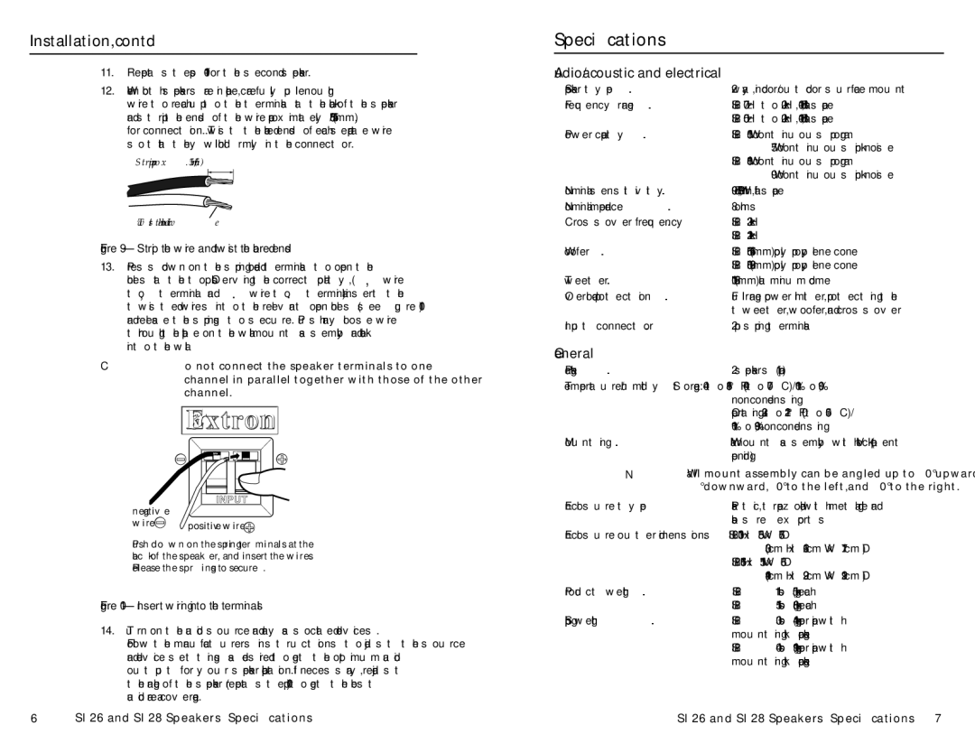 Extron electronic SI 26 user manual Specifications, Audio/acoustic and electrical, General 