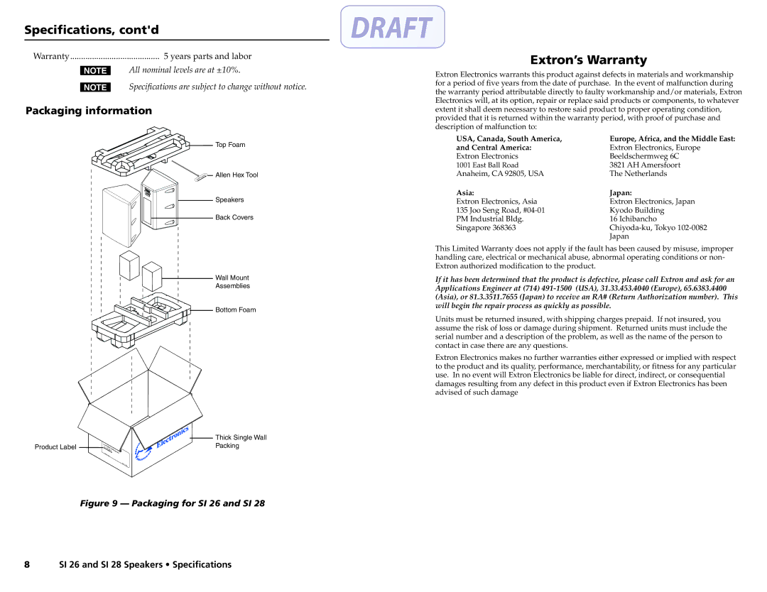 Extron electronic SI 26 user manual Specifications, contd, Extron’s Warranty, Packaging information 