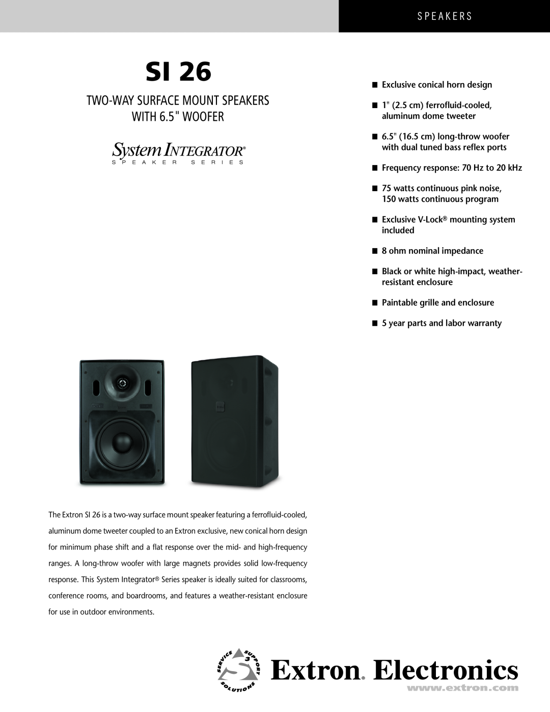 Extron electronic SI 26 warranty Two-WaySurface Mount Speakers with 6.5 Woofer, speakers 