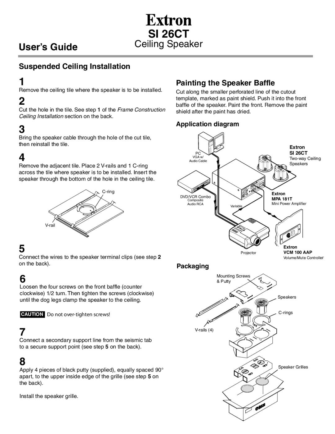 Extron electronic SI 26CT Suspended Ceiling Installation, Painting the Speaker Baffle, Application diagram, Packaging 