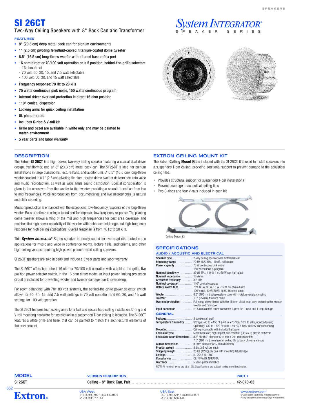 Extron electronic SI 26CT specifications Specifications 