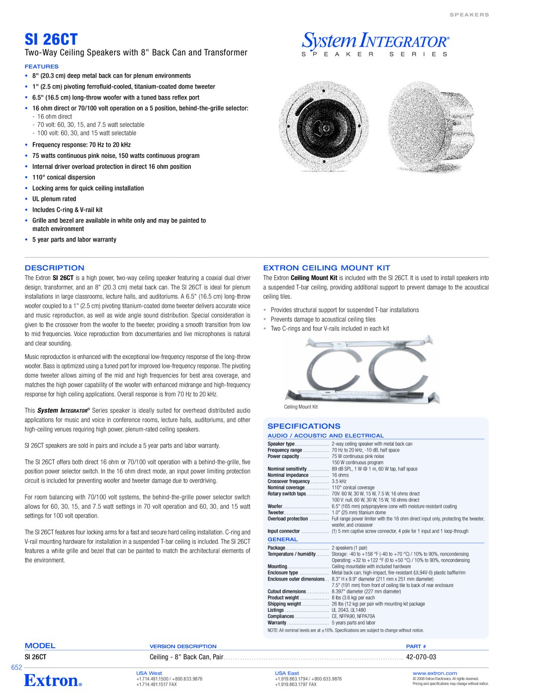 Extron electronic SI 26CT specifications Description, Extron Ceiling Mount Kit, Specifications, Model, 42-070-03 