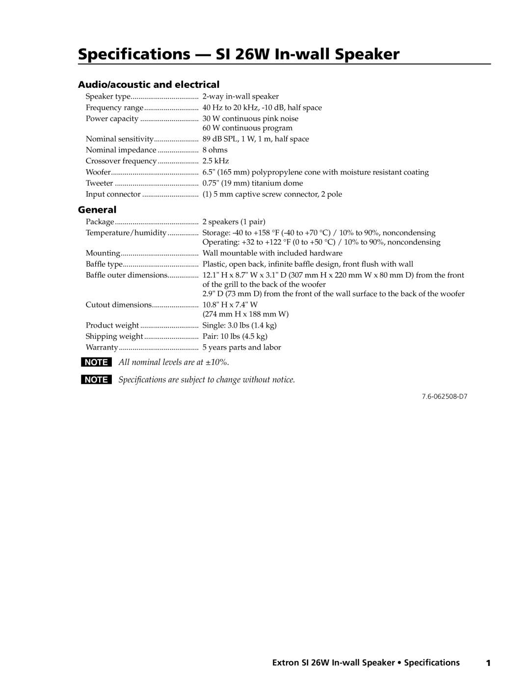 Extron electronic specifications Specifications SI 26W In-wall Speaker, Audio/acoustic and electrical, General 