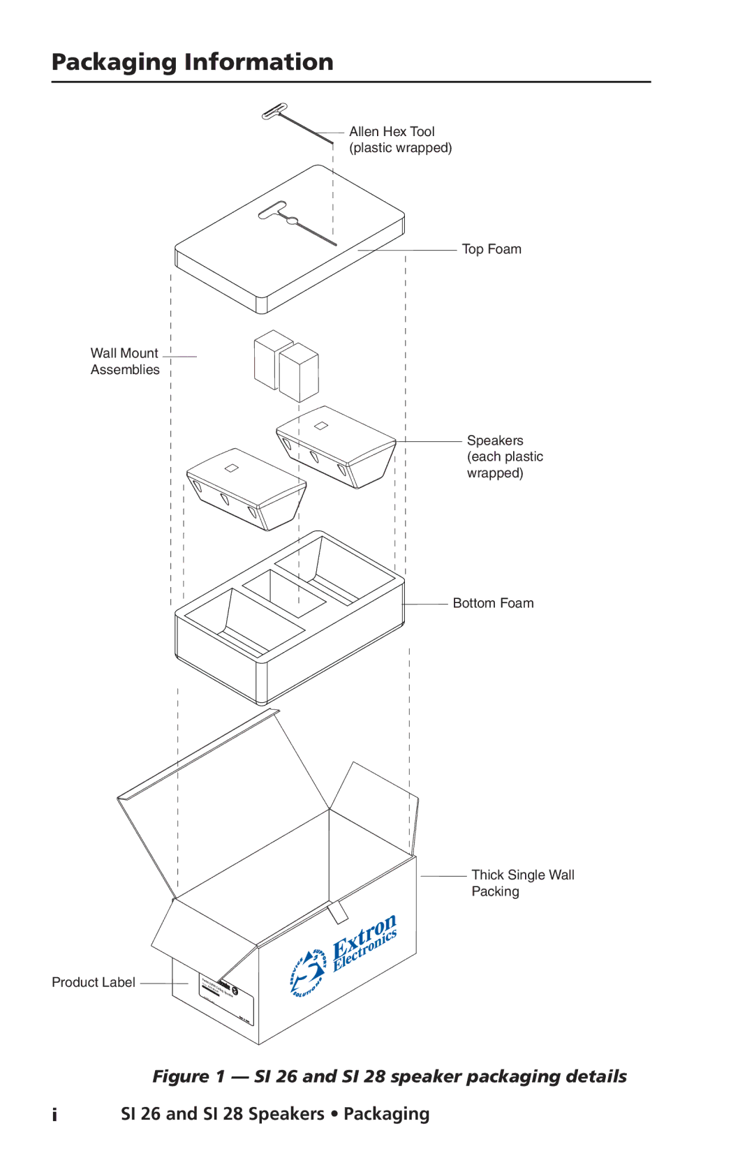 Extron electronic manual Packaging Information, SI 26 and SI 28 speaker packaging details 