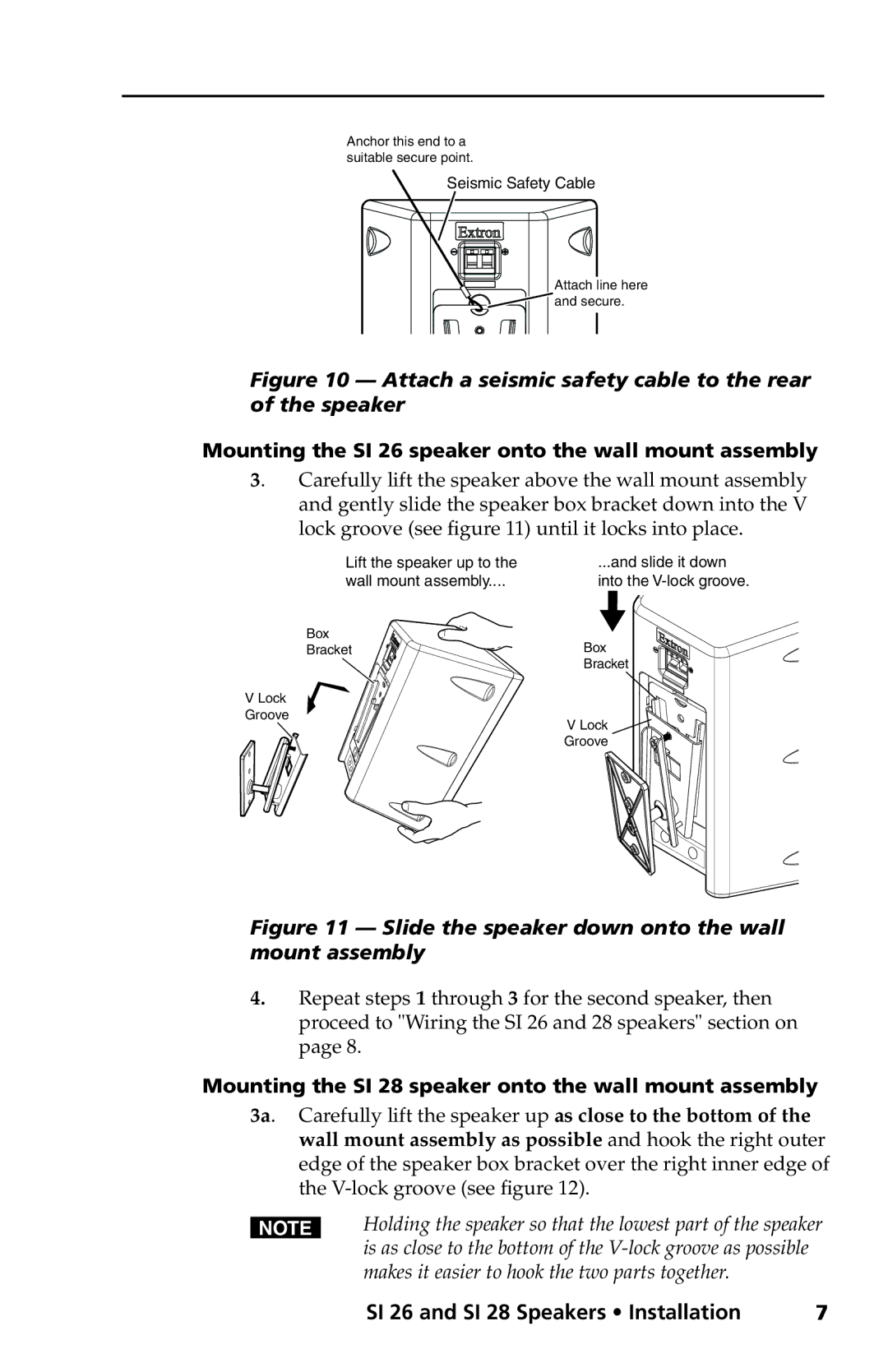 Extron electronic SI 28 manual Attach a seismic safety cable to the rear of the speaker 