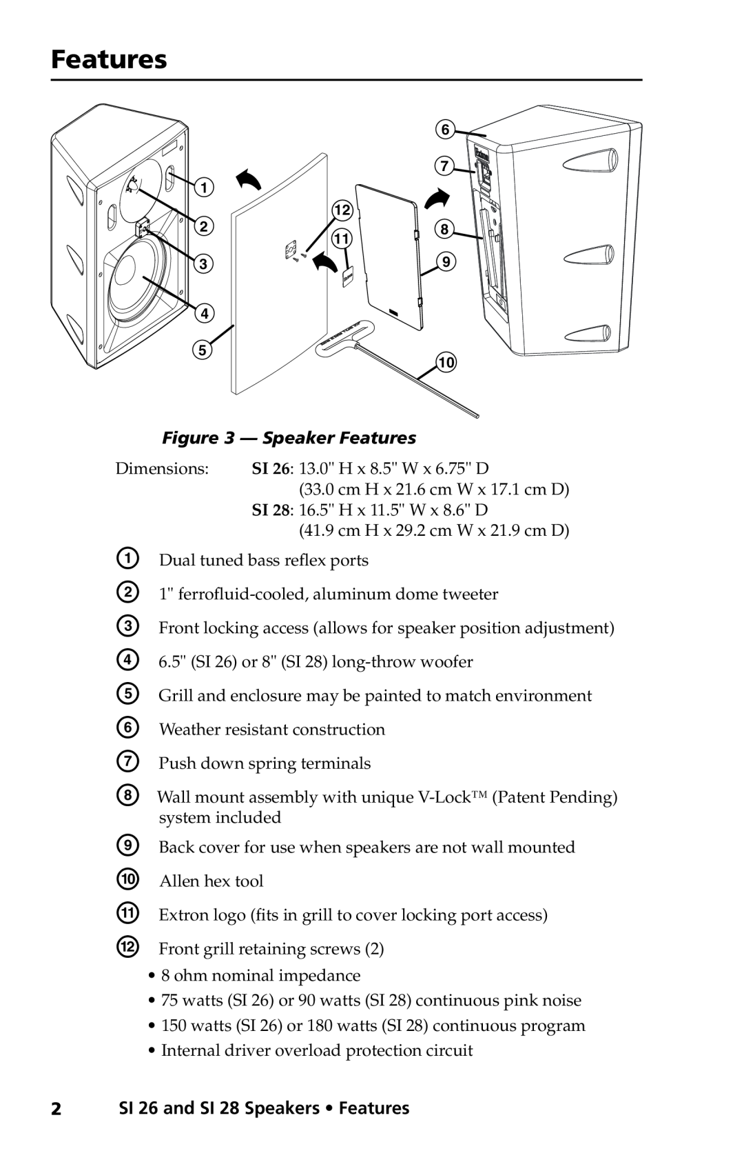 Extron electronic manual 2SI 26 and SI 28 Speakers Features, A B C D E F G H, I J K L 