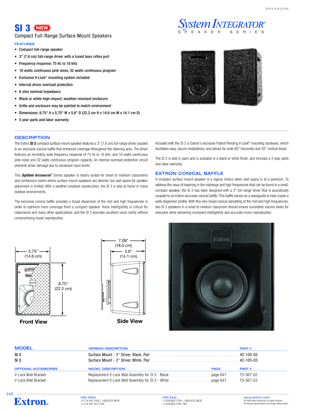 Extron electronic SI 3 White, SI 3 Black specifications Description, Extron Conical Baffle, Model 