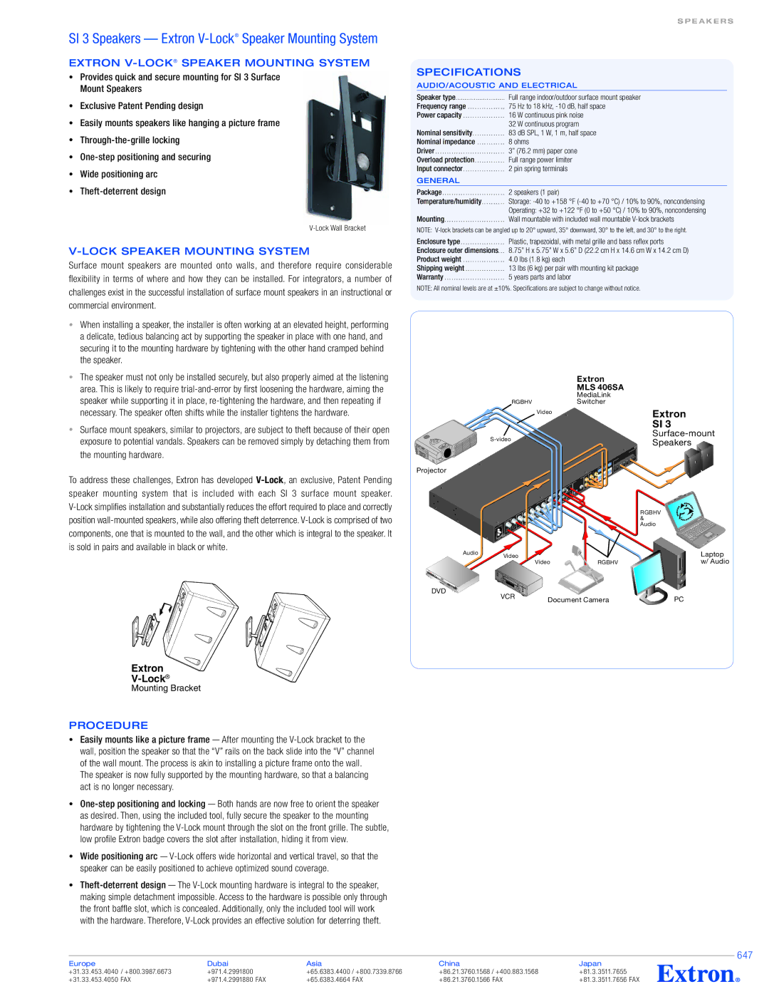 Extron electronic SI 3 Black Extron V-LockSpeaker Mounting System, Lock Speaker Mounting System, Procedure, 647 