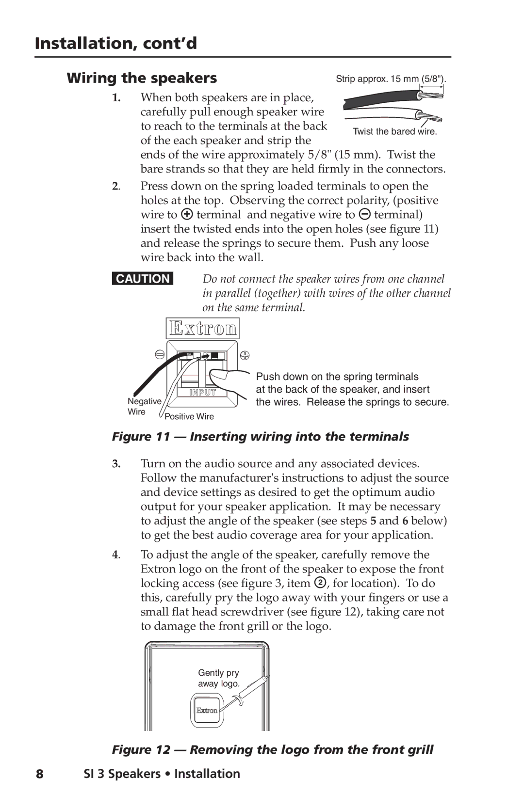 Extron electronic SI 3 manual Extron, Wiring the speakers 