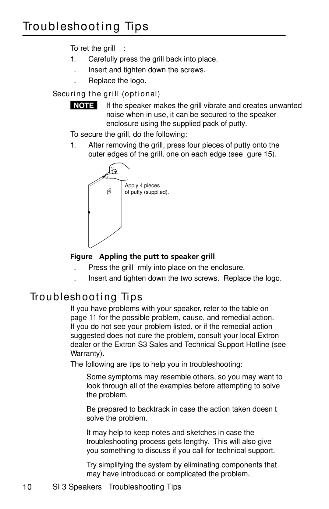 Extron electronic SI 3 manual Troubleshooting Tips, Securing the grill optional 