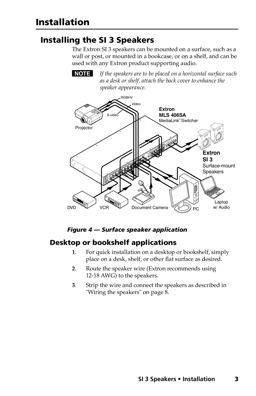 Extron electronic manual Installation, Installing the SI 3 Speakers, Desktop or bookshelf applications 