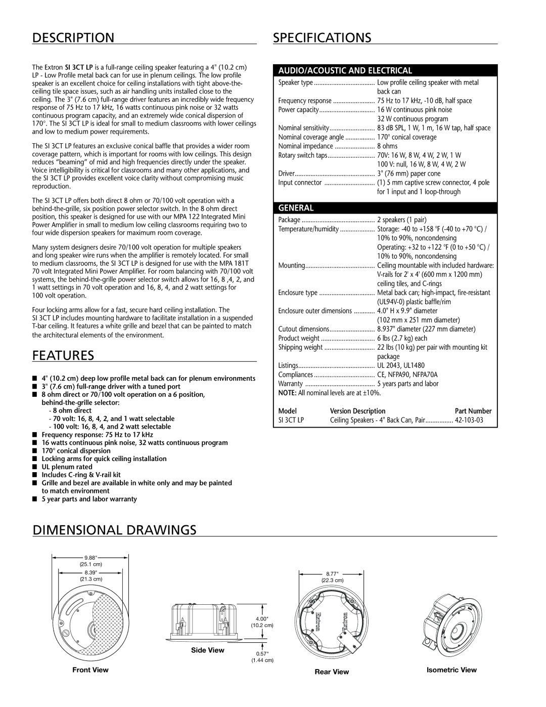 Extron electronic SI 3CT LP warranty DescriptionSpecifications, Features, Dimensional drawings 