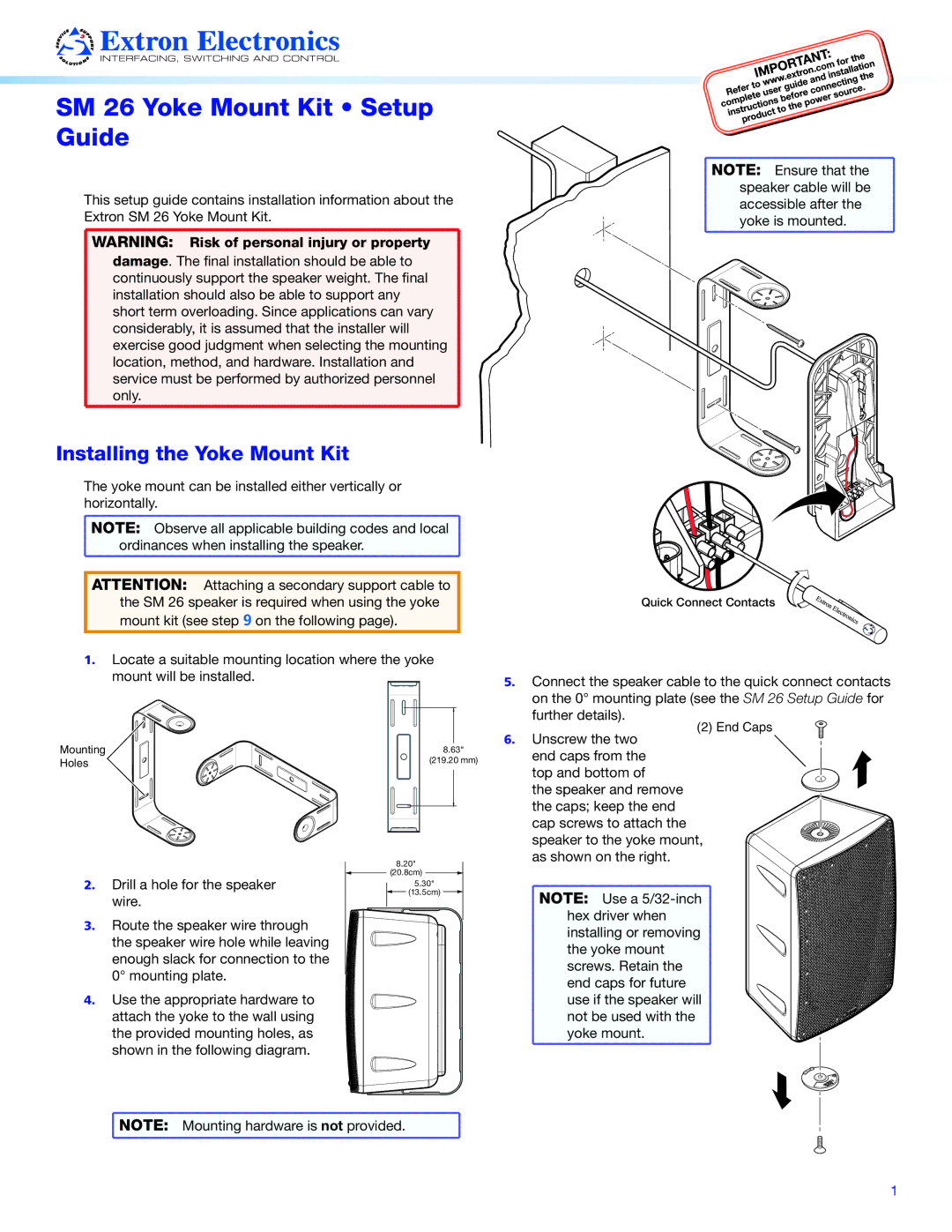 Extron electronic setup guide SM 26 Yoke Mount Kit Setup Guide, Installing the Yoke Mount Kit 