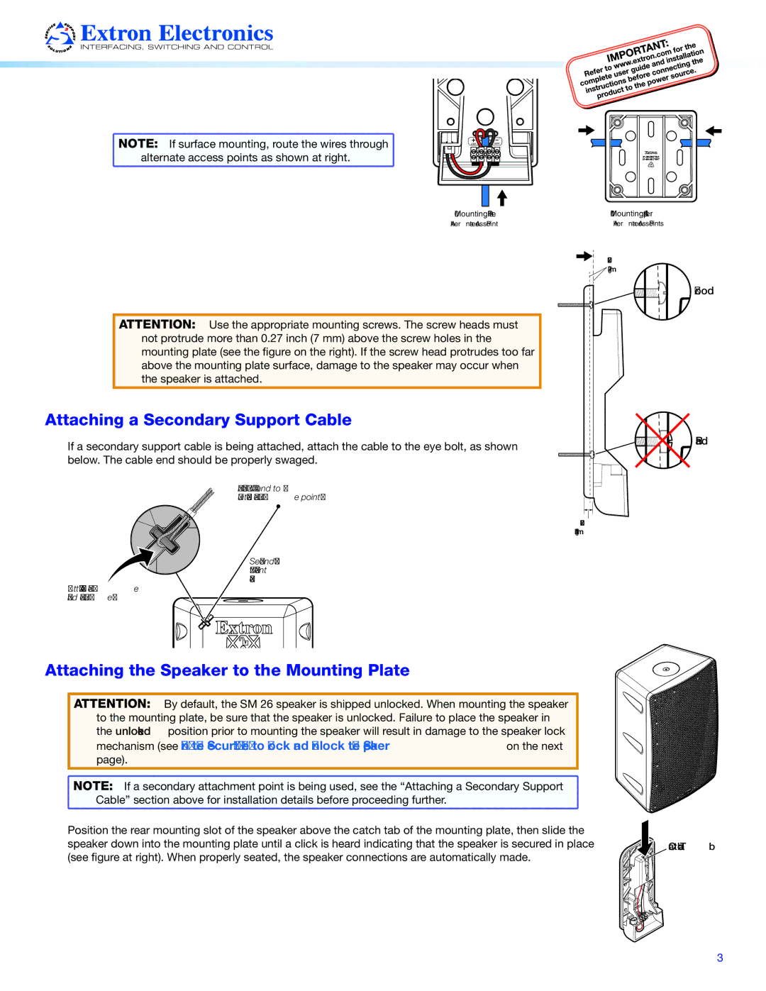 Extron electronic SM 26 setup guide Attaching a Secondary Support Cable, Attaching the Speaker to the Mounting Plate 