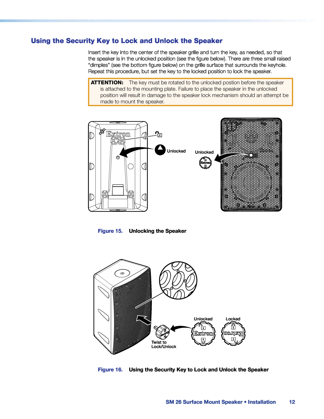 Extron electronic manual Unlocking the Speaker, SM 26 Surface Mount Speaker Installation 