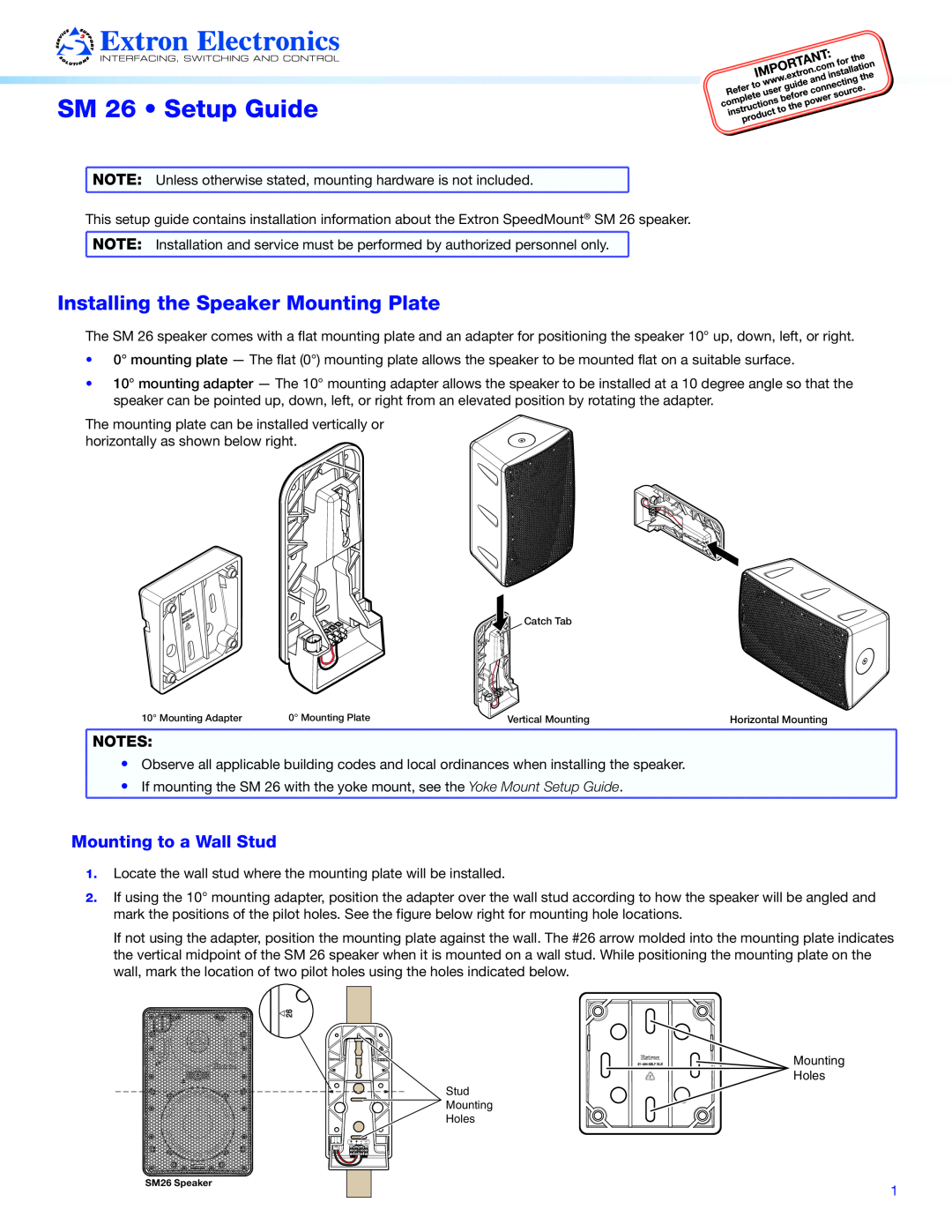 Extron electronic setup guide SM 26 Setup Guide, Installing the Speaker Mounting Plate, Mounting to a Wall Stud 