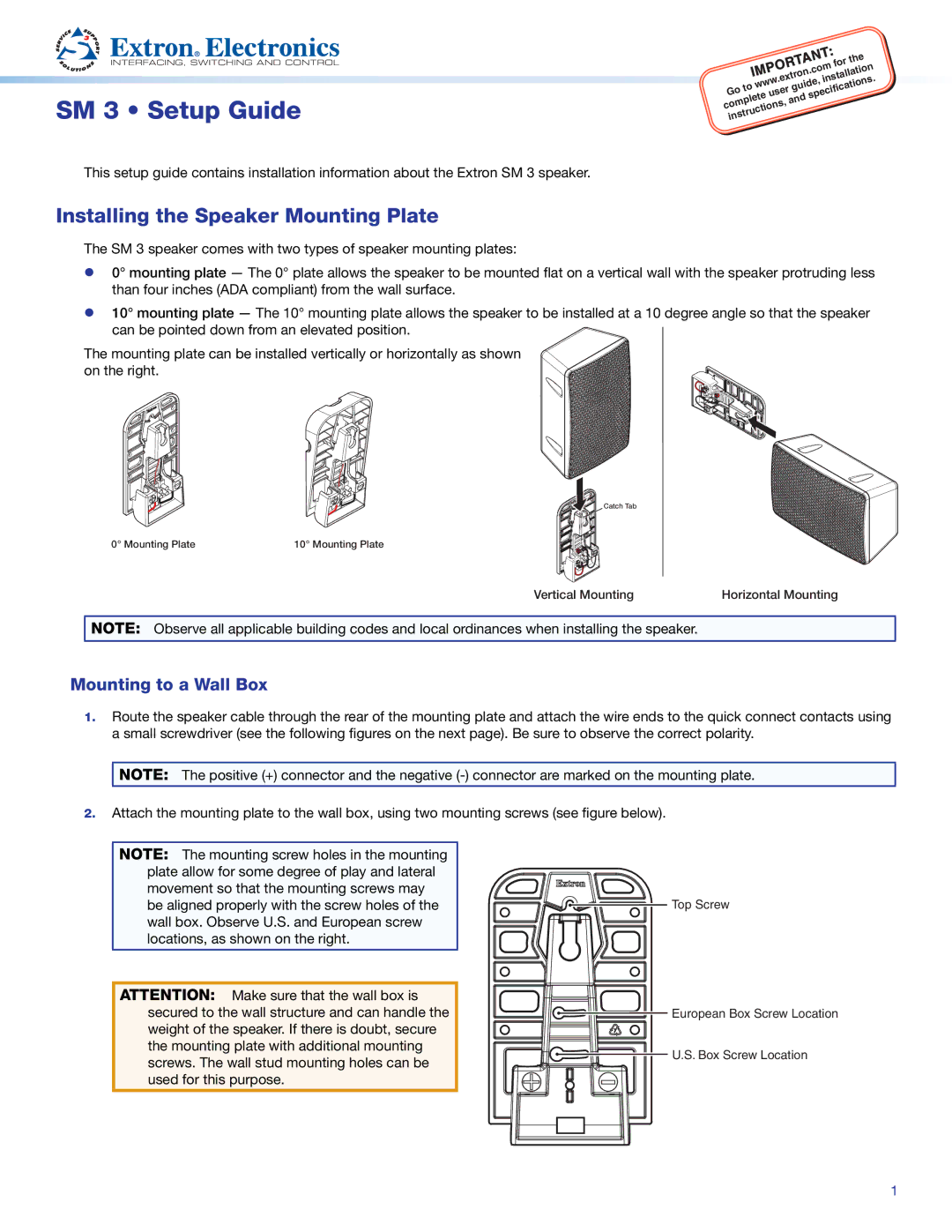 Extron electronic SM 3 setup guide Installing the Speaker Mounting Plate, Mounting to a Wall Box 