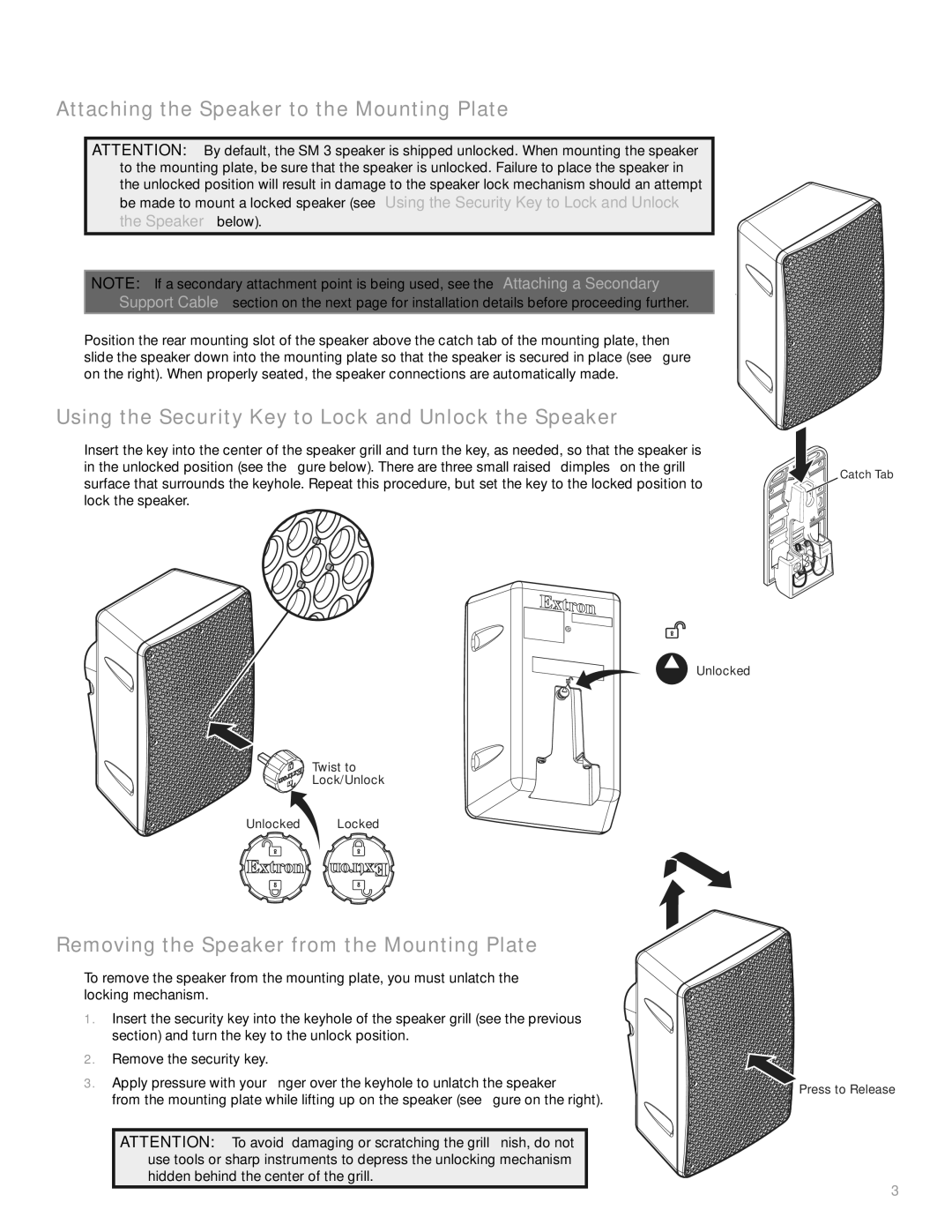 Extron electronic SM 3 Attaching the Speaker to the Mounting Plate, Using the Security Key to Lock and Unlock the Speaker 