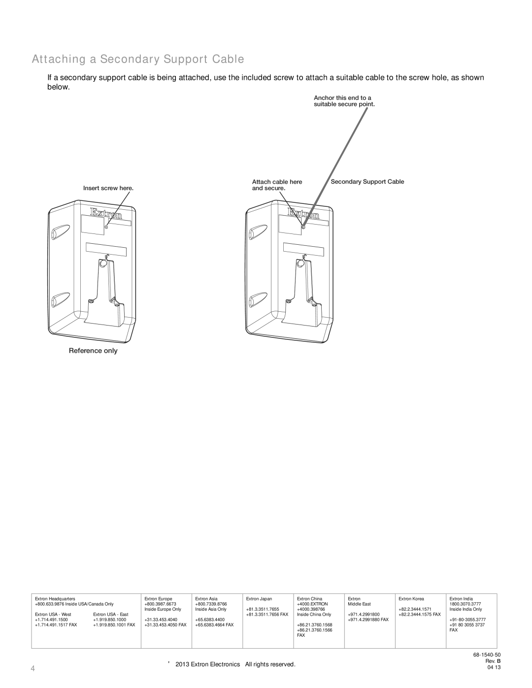 Extron electronic SM 3 setup guide Attaching a Secondary Support Cable, Reference only 