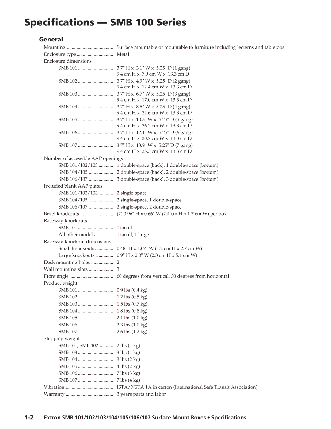 Extron electronic SMB 105, SMB 103, SMB 101, SMB 106, SMB 104, SMB 107 specifications Specifications SMB 100 Series, General 