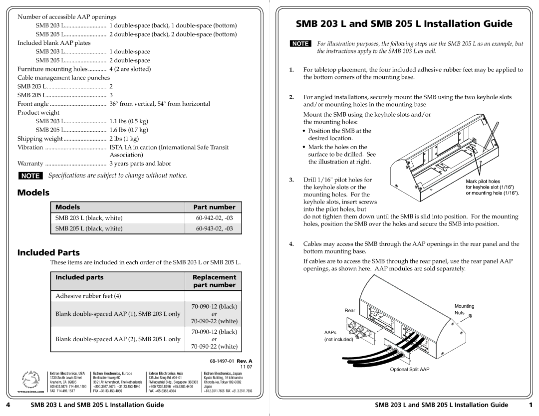 Extron electronic specifications SMB 203 L and SMB 205 L Installation Guide, Models, Included Parts 