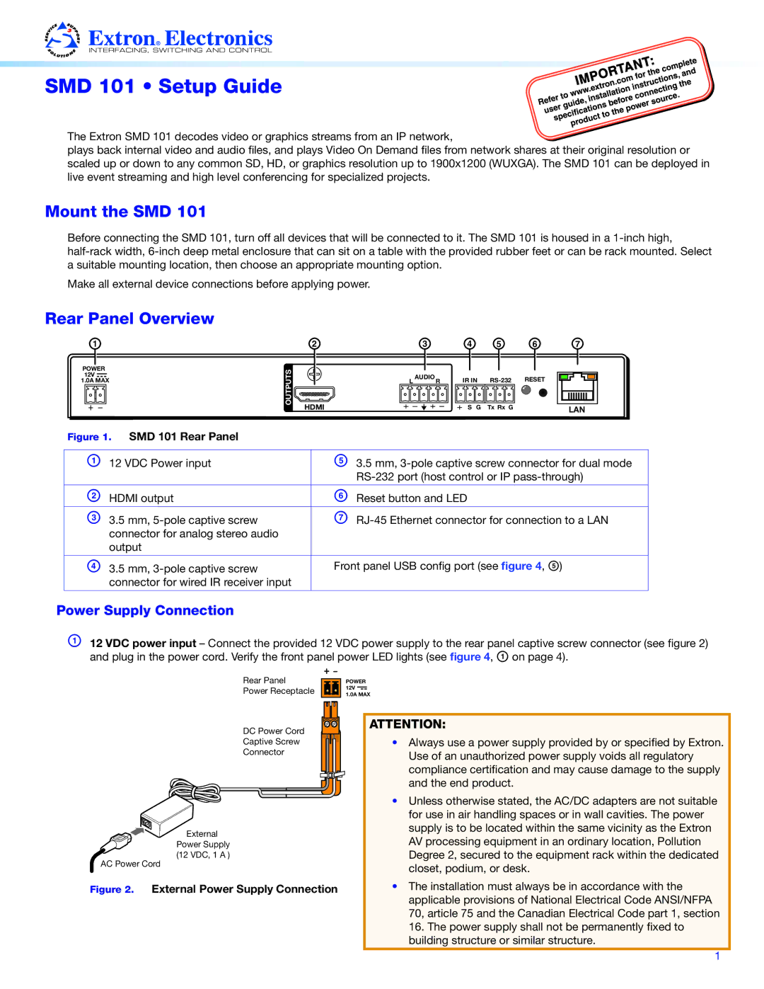 Extron electronic SMD 101 setup guide Mount the SMD, Rear Panel Overview, Power Supply Connection 