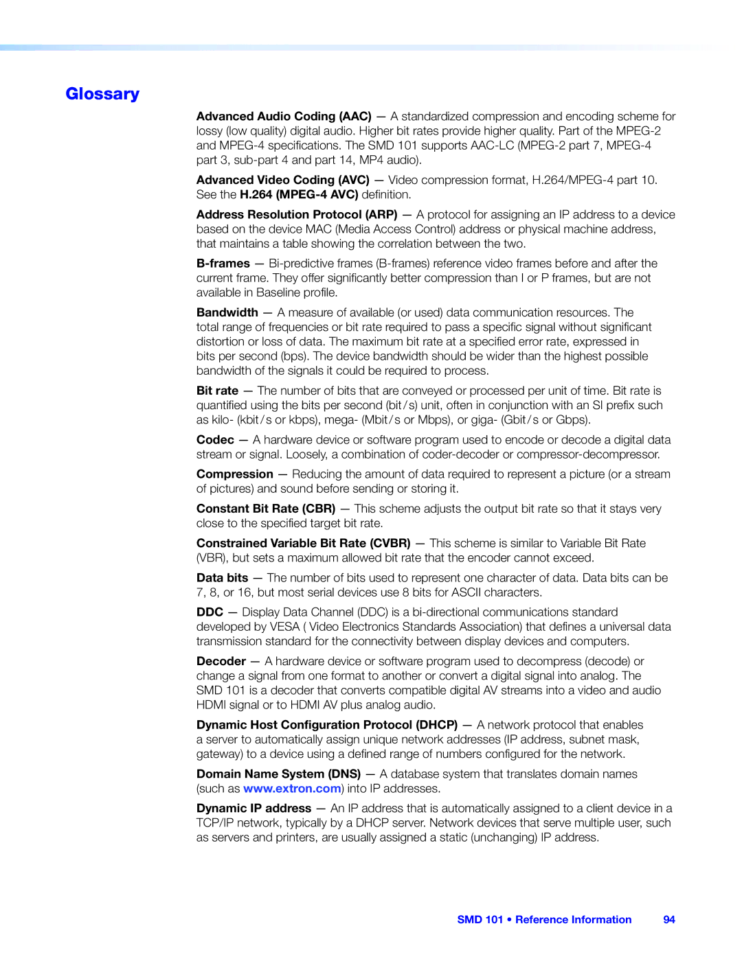 Extron electronic SMD 101 manual Glossary 