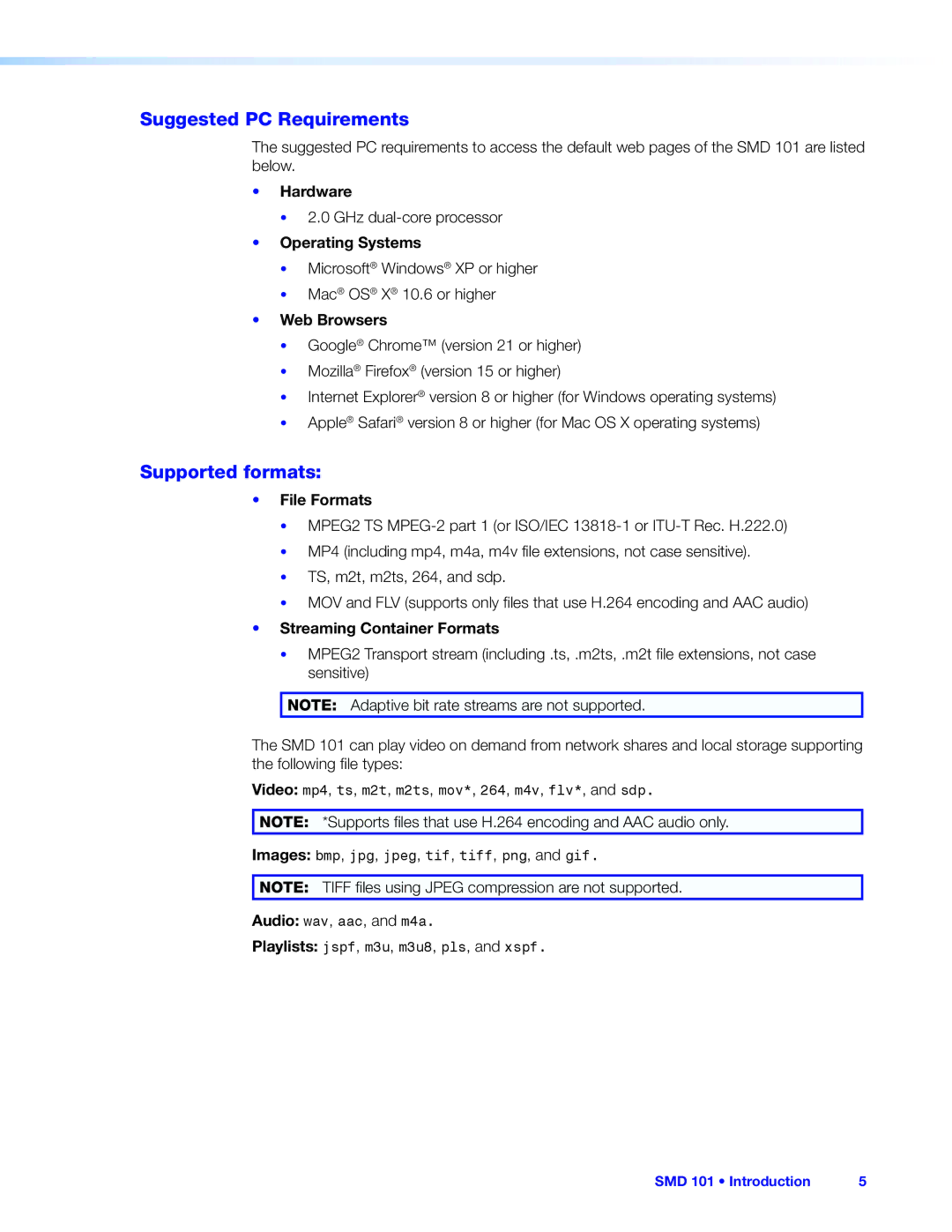 Extron electronic SMD 101 manual Suggested PC Requirements, Supported formats, GHz dual-core processor 