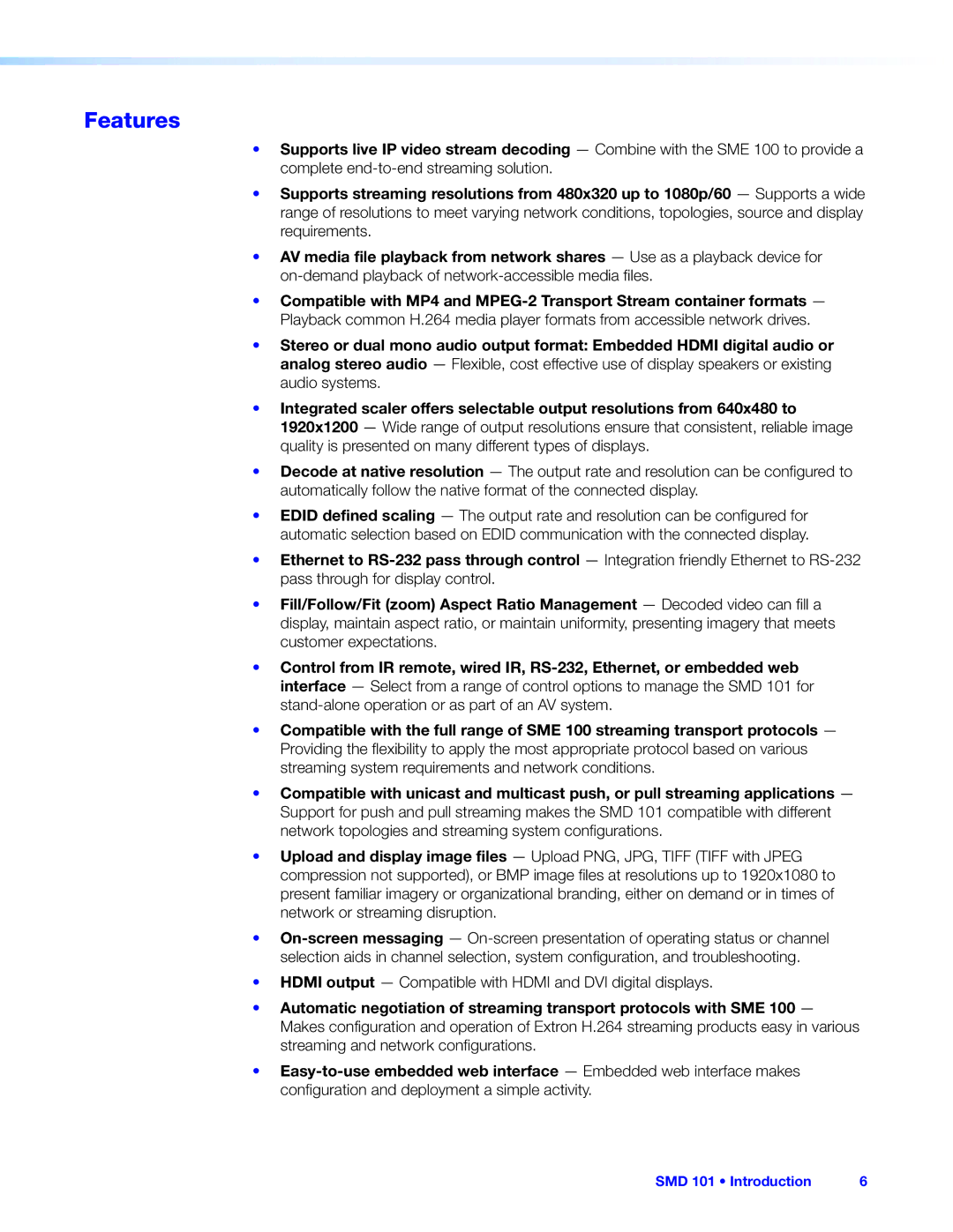 Extron electronic SMD 101 manual Features 