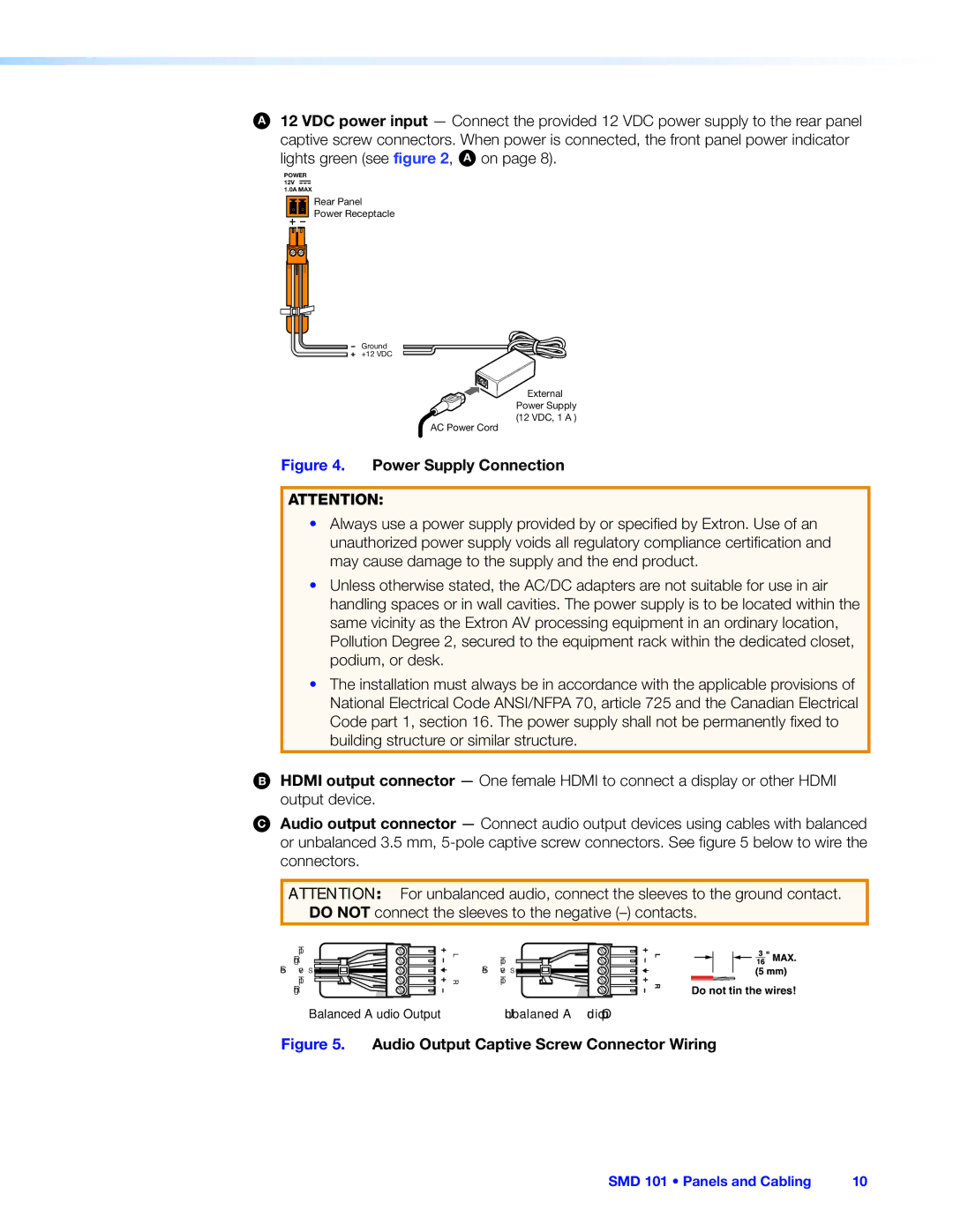 Extron electronic SMD 101 manual Power Supply Connection 