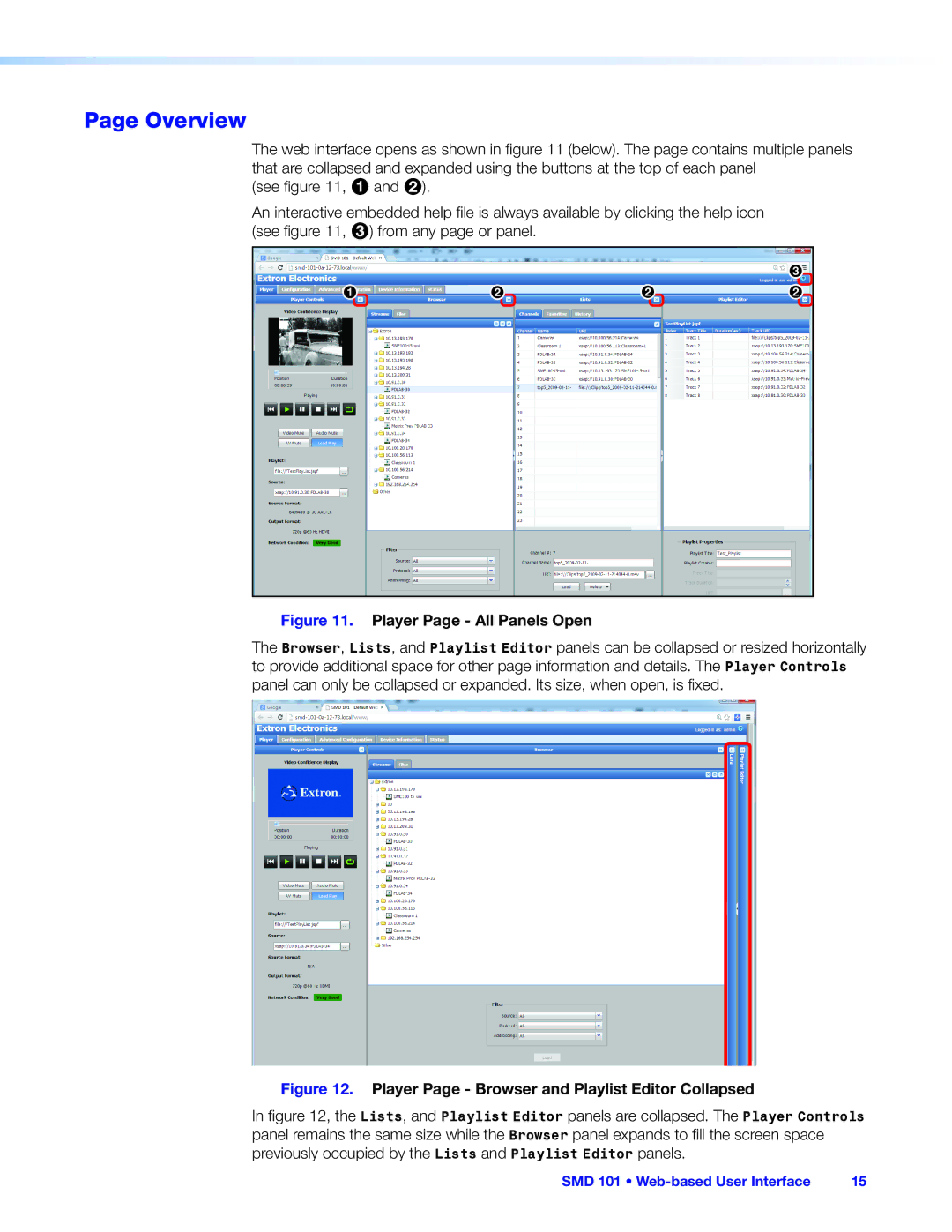 Extron electronic SMD 101 manual Overview, Player Page All Panels Open 