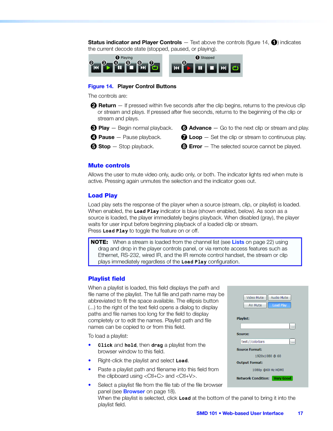 Extron electronic SMD 101 manual Mute controls, Load Play, Playlist field 