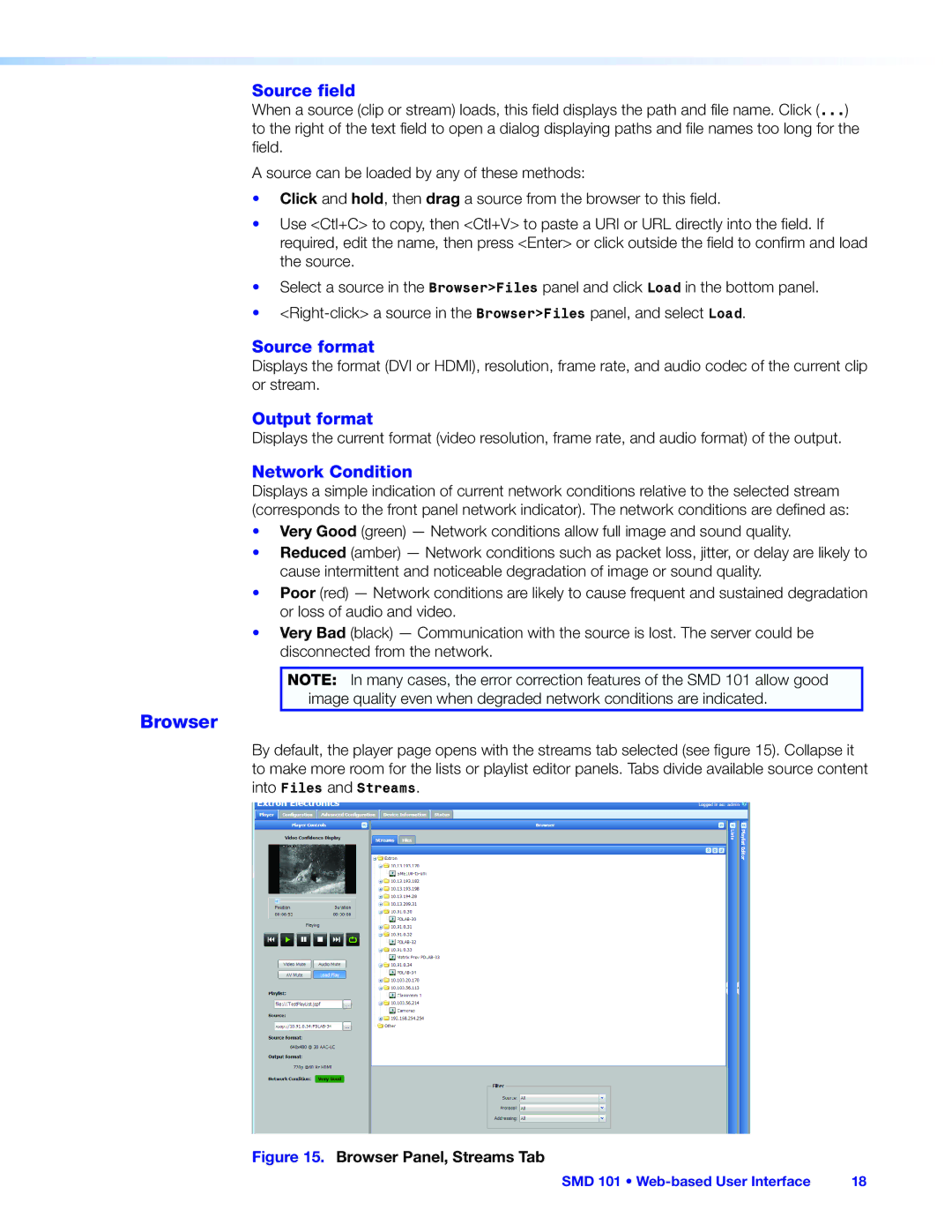 Extron electronic SMD 101 manual Browser, Source field, Source format, Output format, Network Condition 