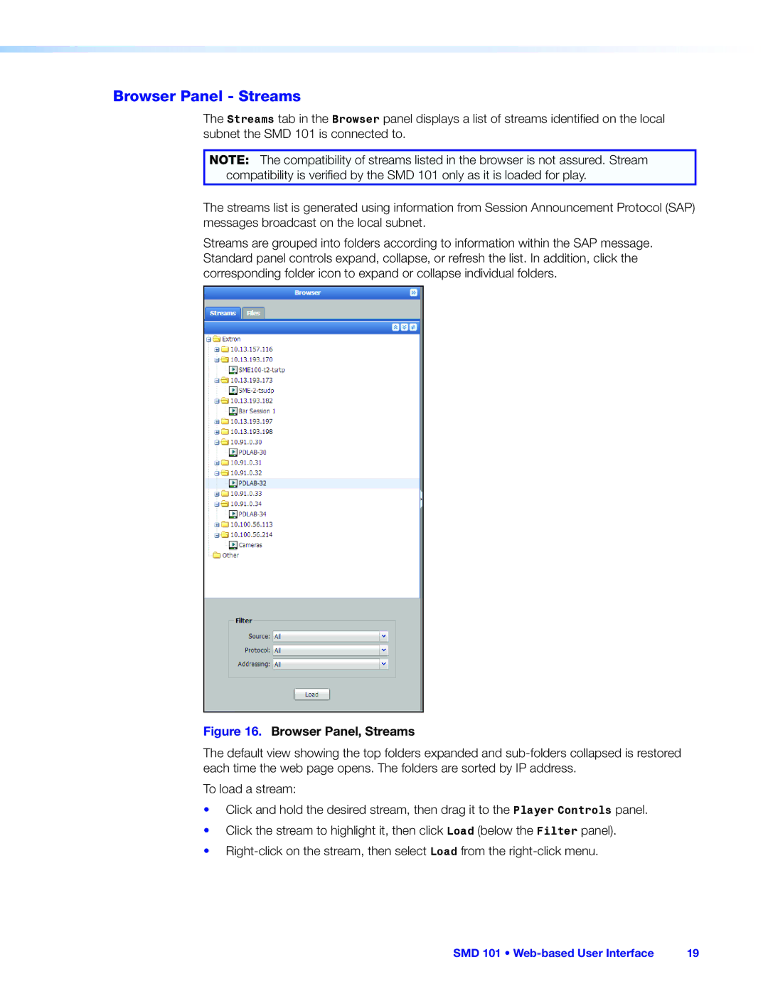 Extron electronic SMD 101 manual Browser Panel Streams, Browser Panel, Streams 