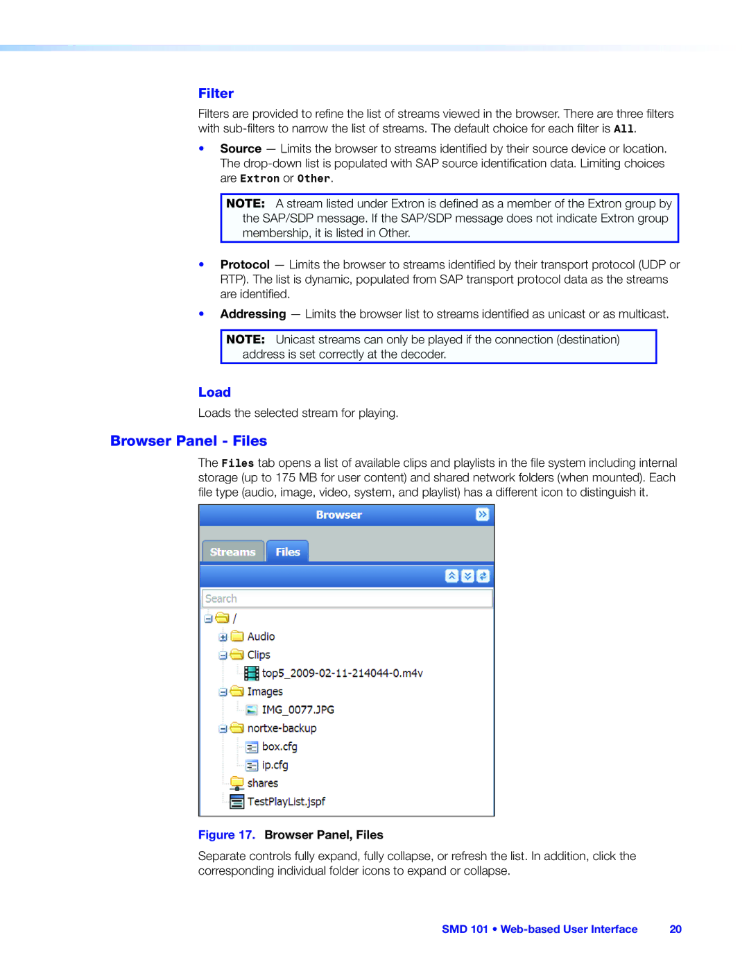 Extron electronic SMD 101 manual Browser Panel Files, Filter, Loads the selected stream for playing 