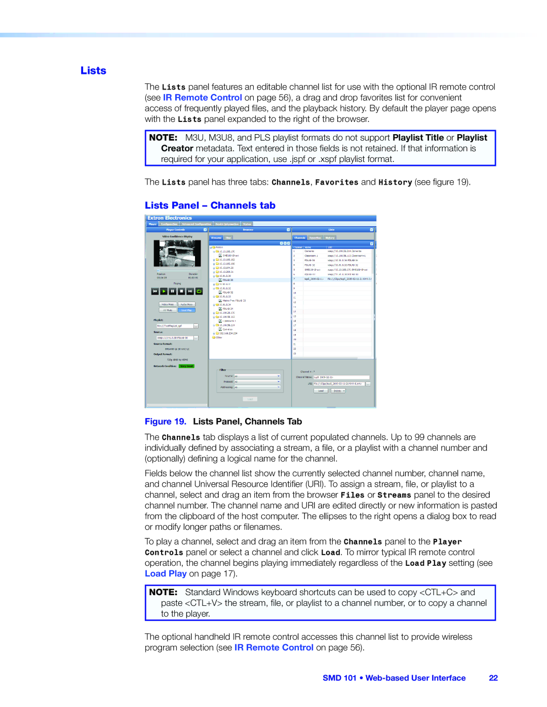 Extron electronic SMD 101 manual Lists Panel Channels tab 