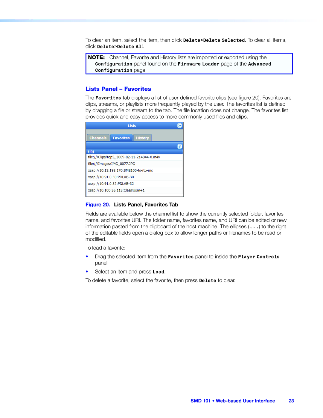 Extron electronic SMD 101 manual Lists Panel Favorites, Lists Panel, Favorites Tab 