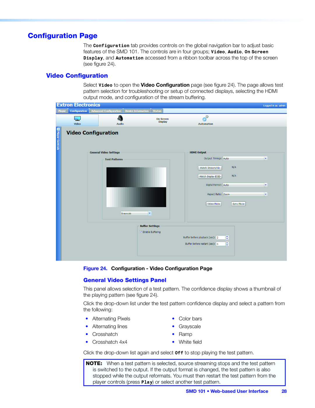 Extron electronic SMD 101 manual Video Configuration, General Video Settings Panel 