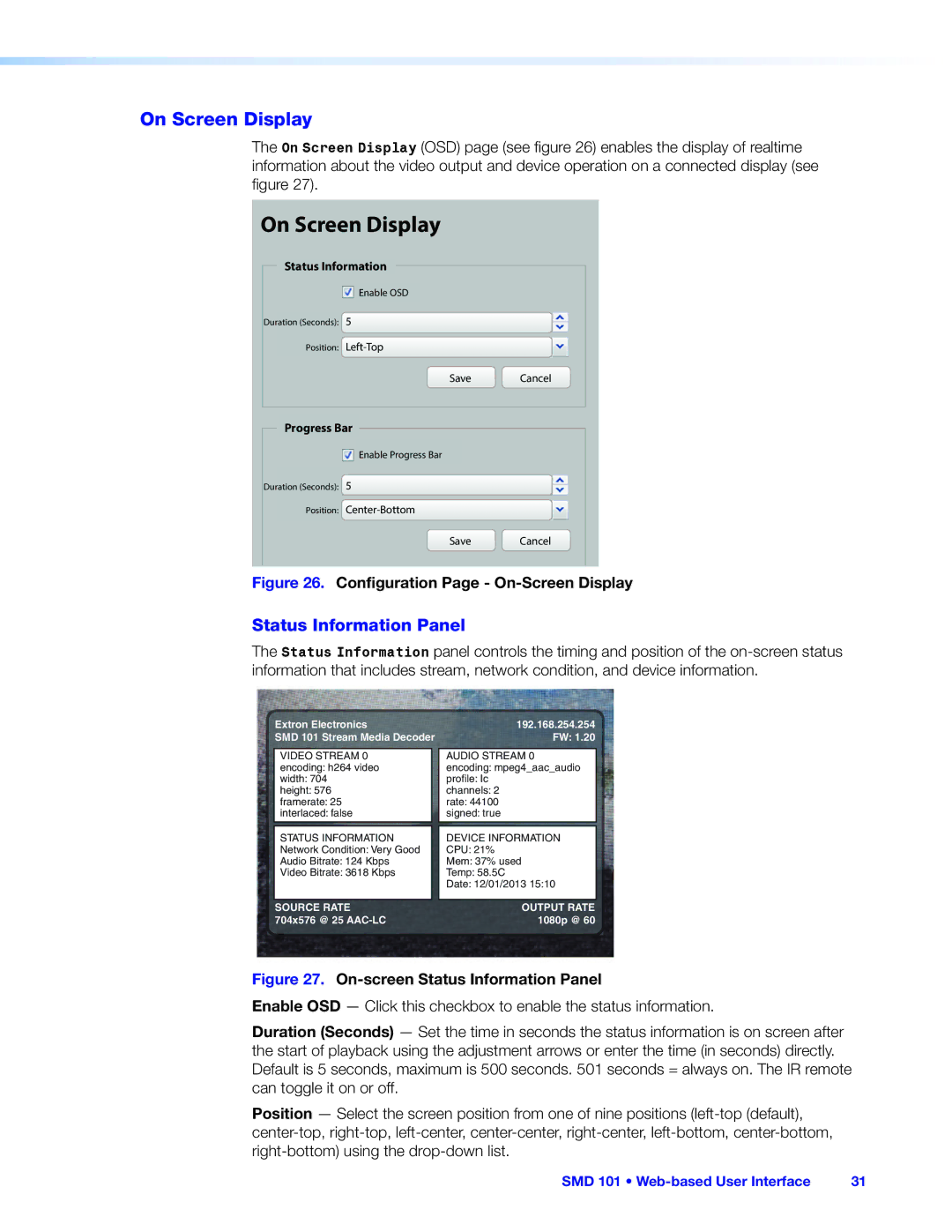 Extron electronic SMD 101 manual On Screen Display, Status Information Panel 